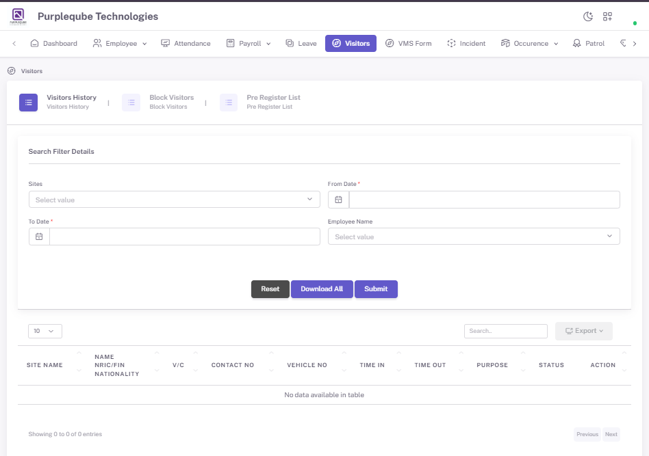 Visitors Management Page